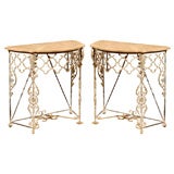 Pair of Antiqued Iron Demilune Tables with Limestone Tops